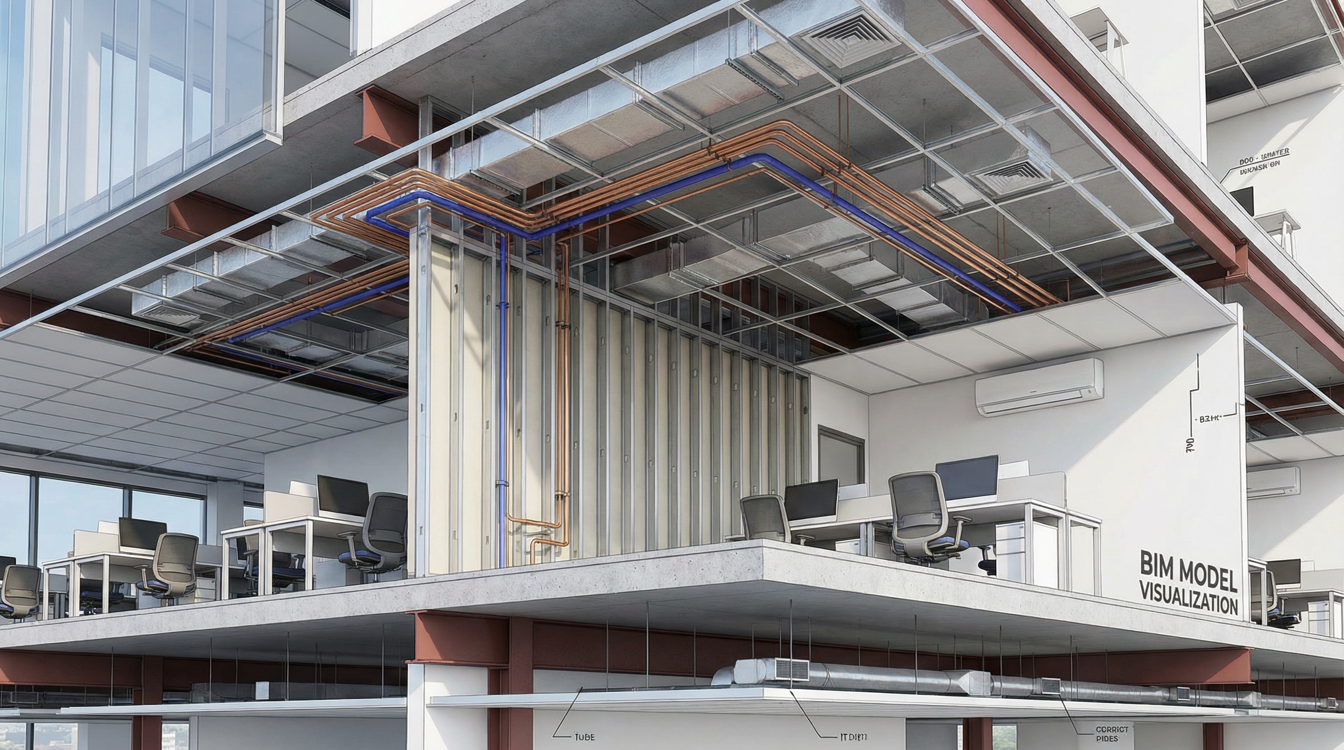 Visualização 3D de dutos e tubulações de ar condicionado em BIM