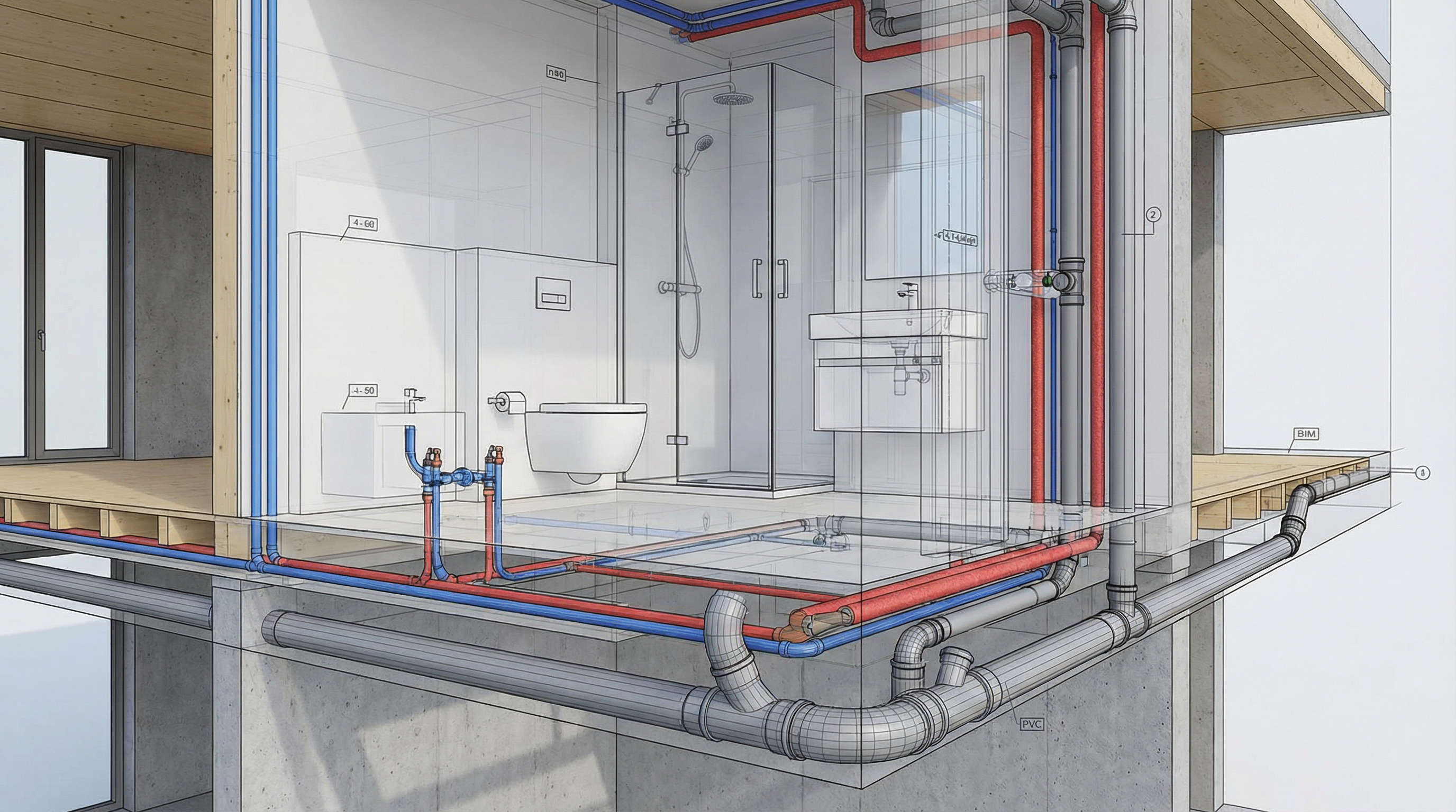 Visualização 3D de tubulação hidrossanitária em BIM