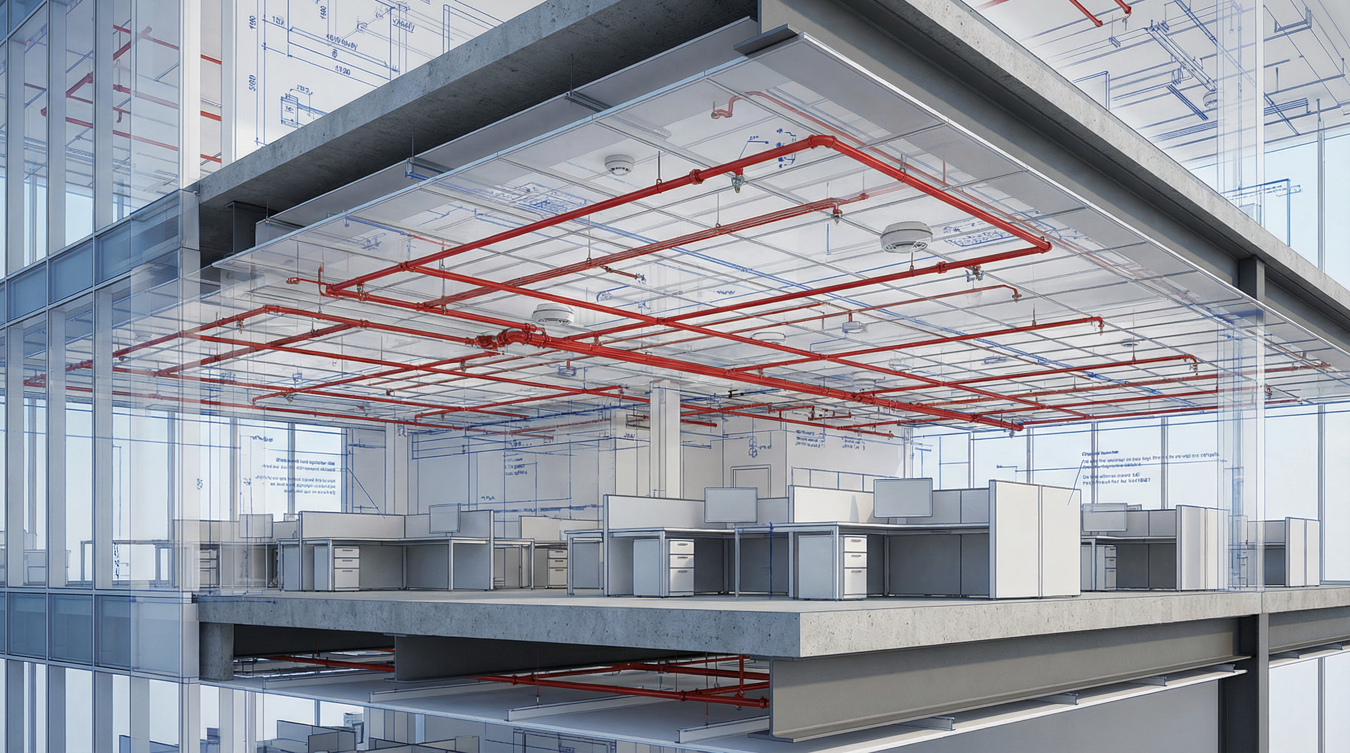 Visualização 3D de sistema de sprinklers em BIM